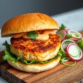 zalmburger met pittige mayo en komkommersalade