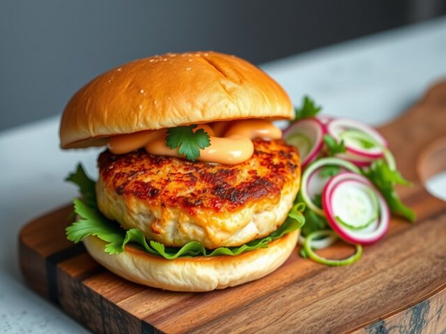 zalmburger met pittige mayo en komkommersalade