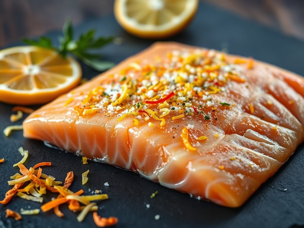 Zalmfilet Gemarineerd in Citruszest, AI-gegenereerde illustratie