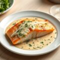 Zalmfilet in mosterd-witte wijnsaus met dille, dragon & peterselie