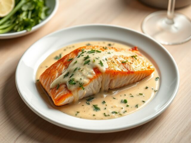 Zalmfilet in mosterd-witte wijnsaus met dille, dragon & peterselie