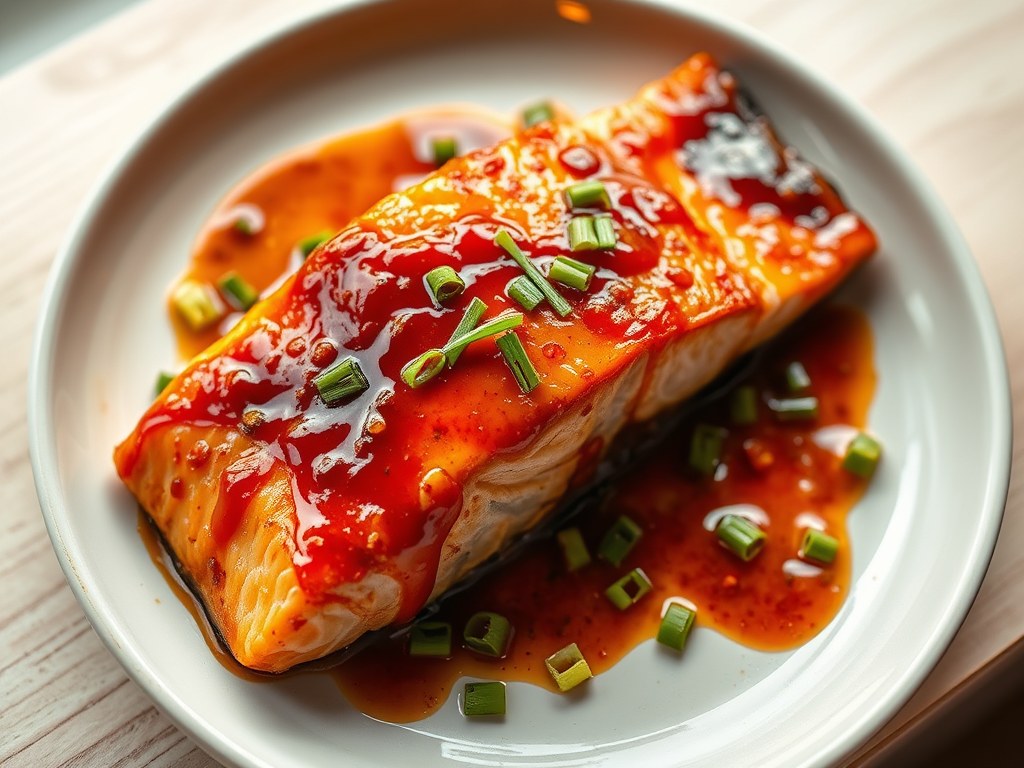 Zalmfilet met chili-knoflooksaus (oven), AI-gegenereerde illustratie