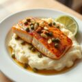 Zalmfilet met een dressing van kappertjes en pijnb