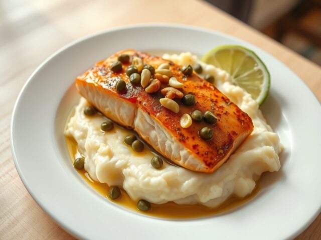 Zalmfilet met een dressing van kappertjes en pijnb