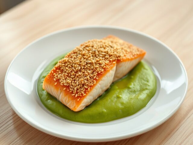 Zalmfilets in Sesam met Doperwtenpuree