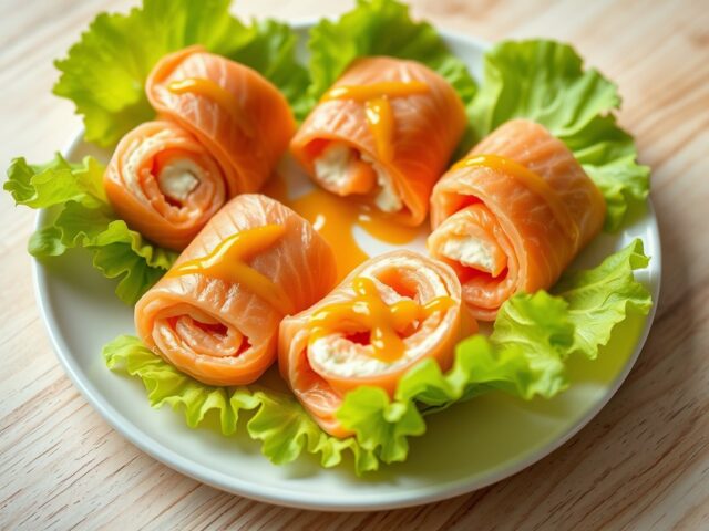 Zalmrolletje met kruidenkaas met honingmosterd