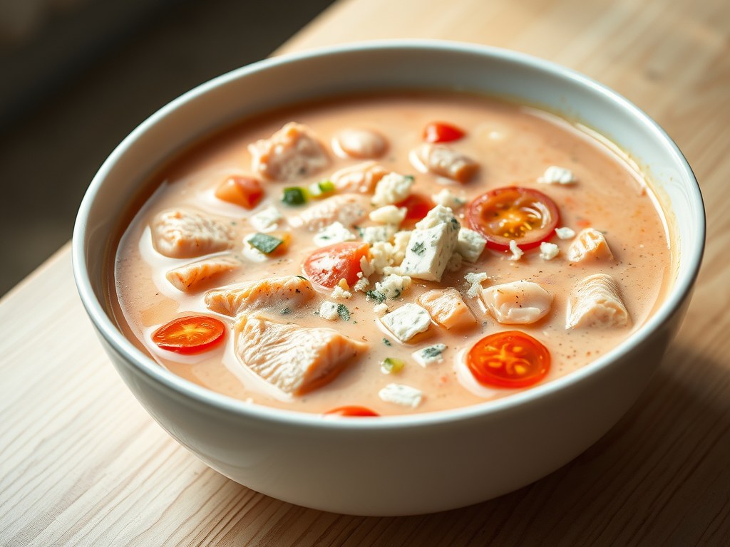 Zalmsoep met paprika en Roquefort, AI-gegenereerde illustratie