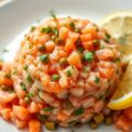 Zalmtartaar met gerookte zalm, kruiden, kappertjes