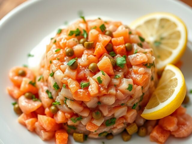 Zalmtartaar met gerookte zalm, kruiden, kappertjes