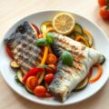 Zeebaars met gegrilde courgette, paprika, citroen