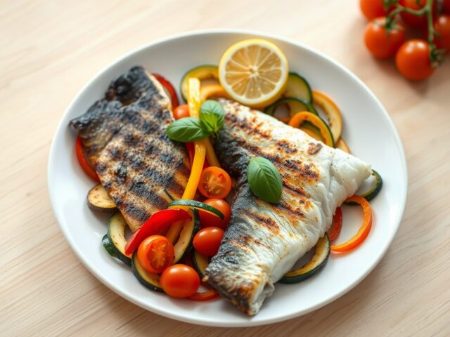 Zeebaars met gegrilde courgette, paprika, citroen