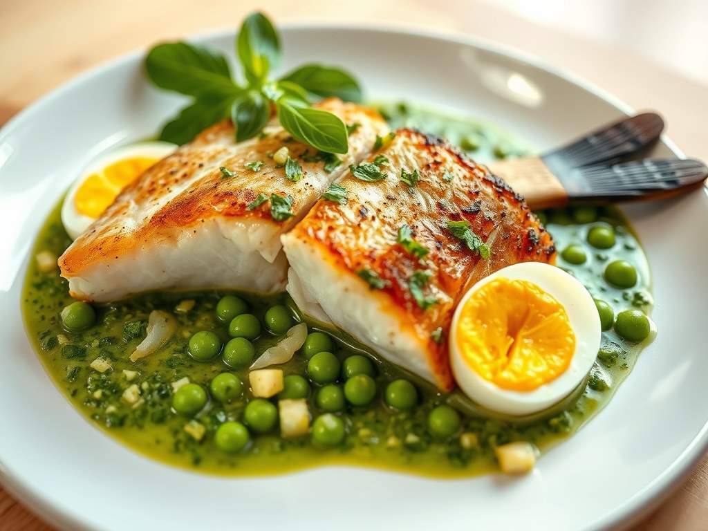 Zeebaars met Groene Saus (Salsa Verde), AI-gegenereerde illustratie