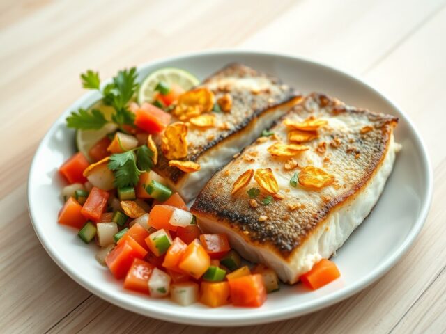 Zeebaars met knoflookchips en groentesalsa