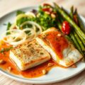 Zeebaars met venkel salade, geroosterde asperges en chorizo vinaigrette