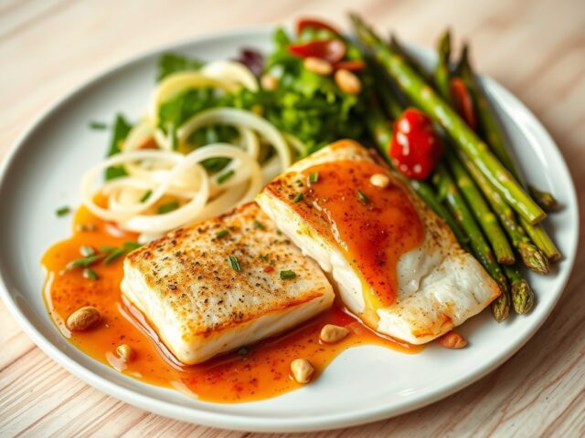 Zeebaars met venkel salade, geroosterde asperges en chorizo vinaigrette