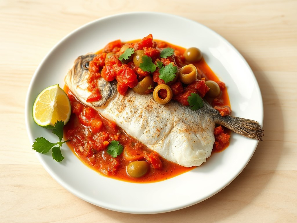 Zeebaars met Zuid-Mexicaanse saus (Veracruz), AI-gegenereerde illustratie