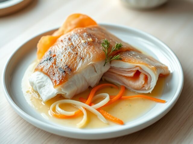 Zeewolf verpakt in gerookte zalm, nolly pratsaus