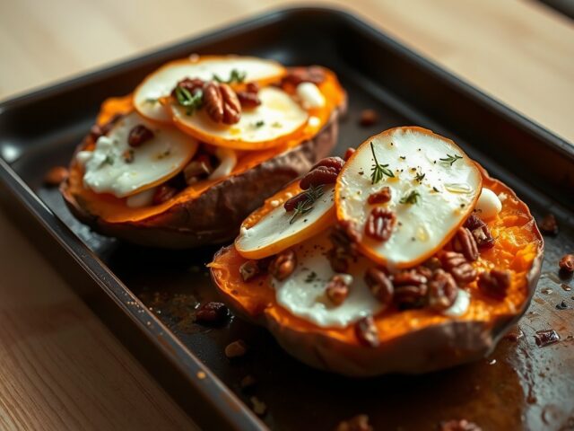 Zoete aardappel uit de oven met pecannoten