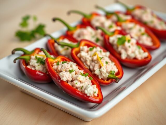 Zoete paprika’s gevuld met krabsalade