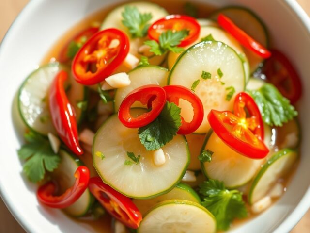Zoetzure komkommer met chilipepers