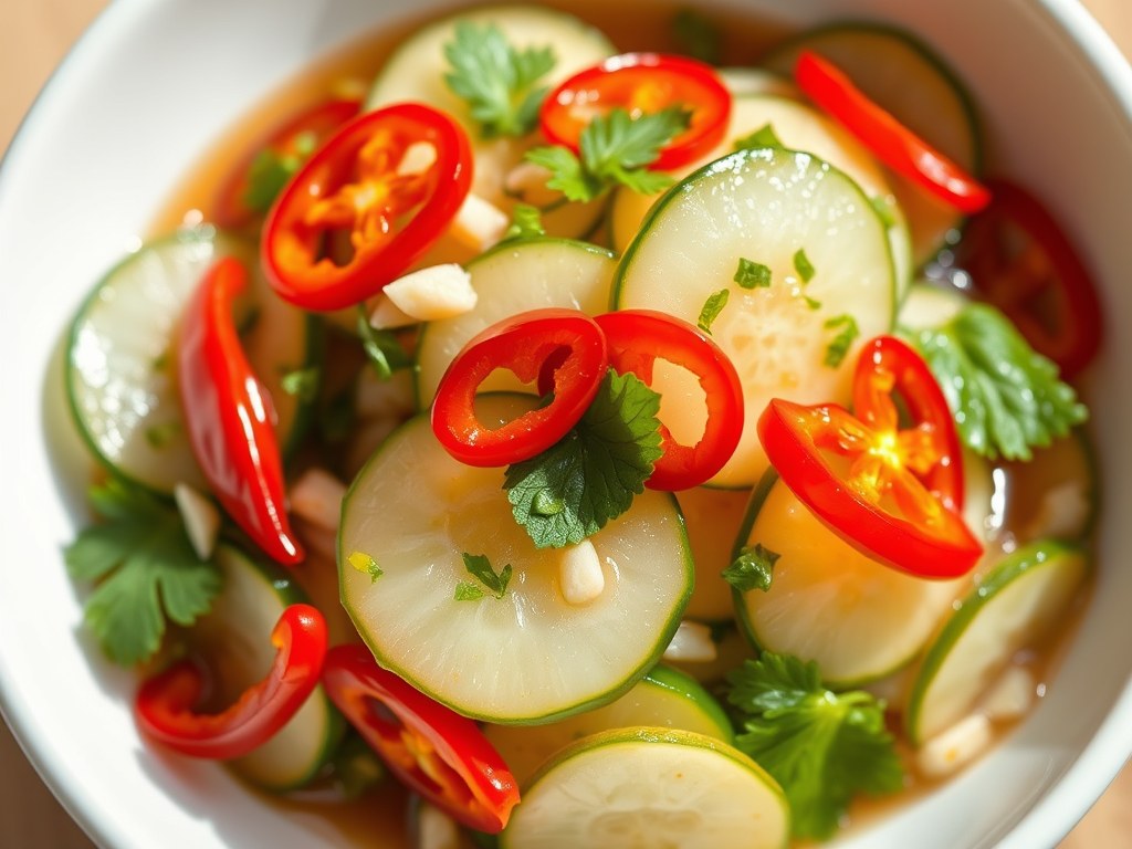 Zoetzure komkommer met chilipepers, AI-gegenereerde illustratie