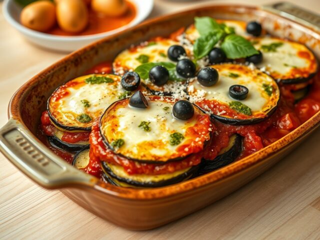 Zomerse courgette-aubergineschotel met mozzarella