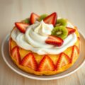 Zomerse eierkoek met aardbei en kiwi.