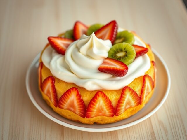 Zomerse eierkoek met aardbei en kiwi.