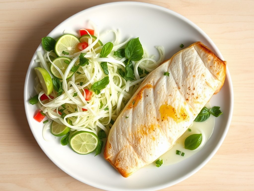 Zonnevisfilet met kokos-limoensalade, AI-gegenereerde illustratie