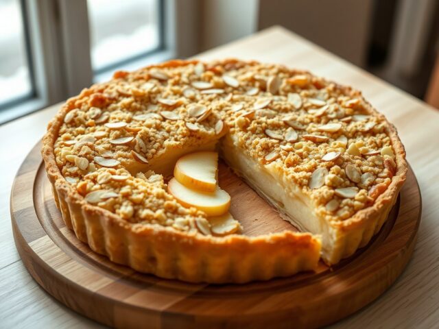 Zure appelvlaai met crumble en amandelen