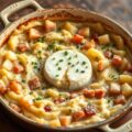 Zuurkoolstamppot uit de oven met appel, hamblokjes en gevulde brie
