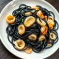 Zwarte linguine met zeeduivel en inktvis