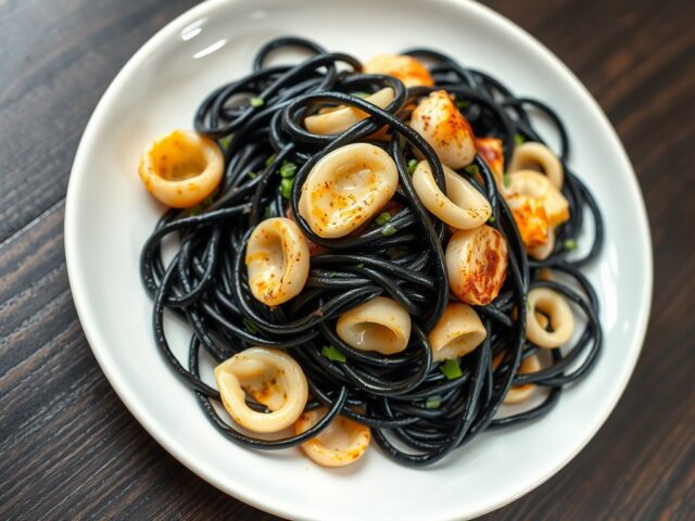 Zwarte linguine met zeeduivel en inktvis