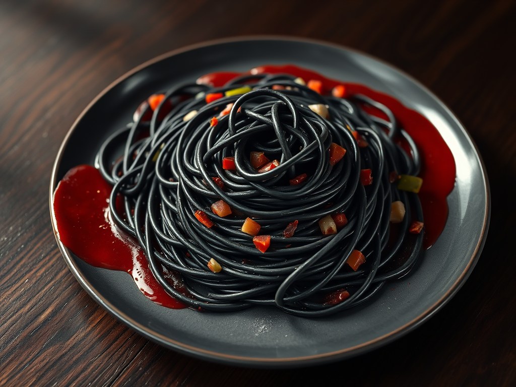 Zwarte pasta met bloedsaus, AI-gegenereerde illustratie
