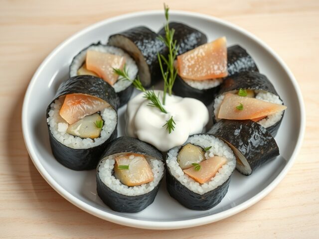 Zweedse sushirol met geplette aardappelen, maatjes