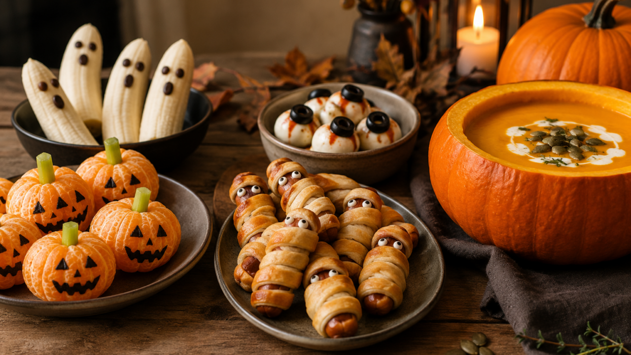 Gezellige Halloweenhapjes met pompoensoep.