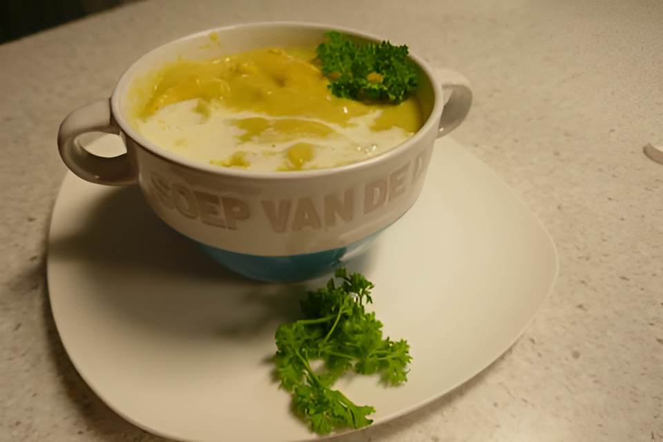Aardappel - prei - maaltijdsoep met kip en kerrie.