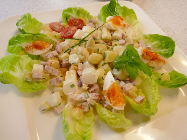 Asperges – Aardappelsalade met ham, bieslook en Belgische mayonaise