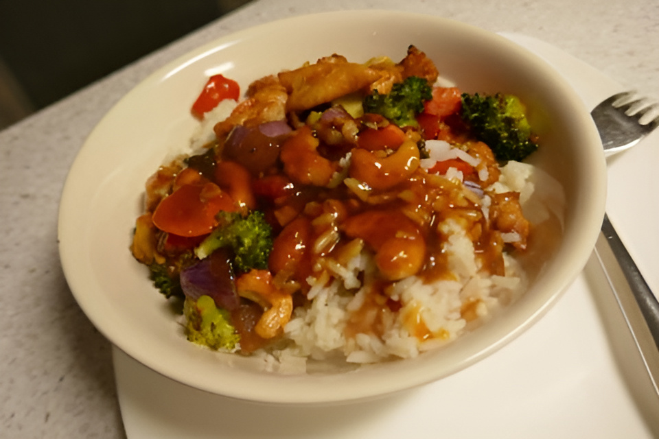 Aziatische ovenschotel met groente, cashewnoten en een heerlijke saus.