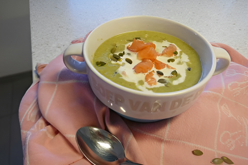 Broccolisoep met room, gerookte zalm en bieslook.....