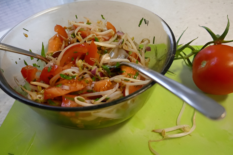 Frisse tomatensalade met een restje taugé