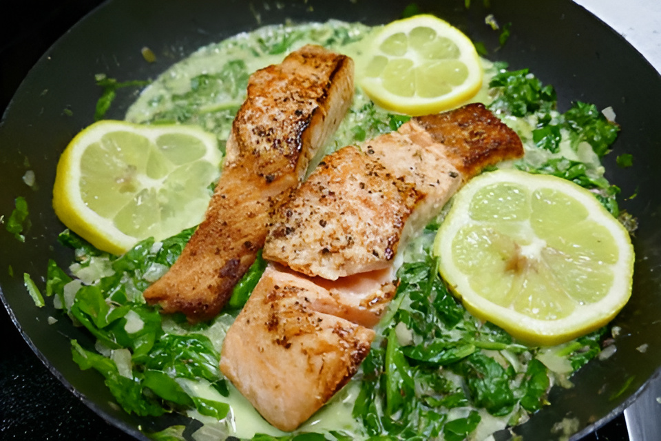 Gebakken zalm in spinazie roomsaus met sjalot en knoflook.