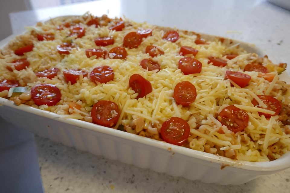 Gehaktovenschotel met pasta met 2 soorten kaas en groente.