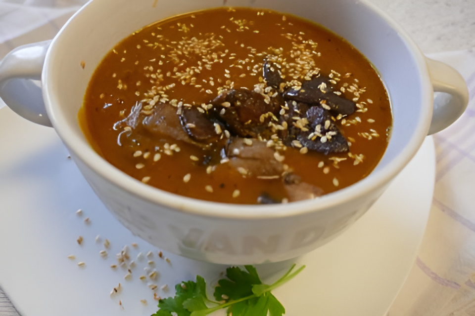 Geroosterde pompoensoep met shiitakes en sesamzaadjes....