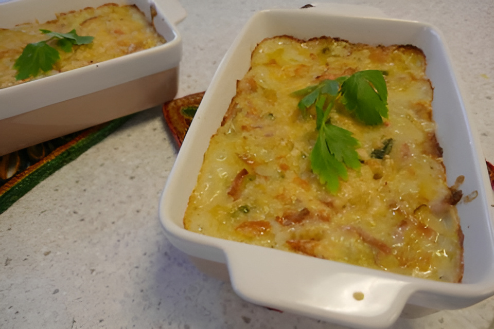 Heerlijke ovenpasta met ham en kaas, prei en erwtjes.