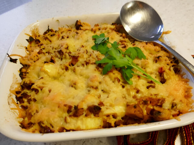 Heerlijke ovenschotel met Chinese kool, champignons, kerrie en gehakt