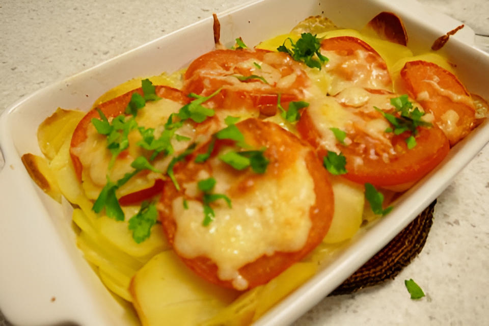 Italiaans ovenschoteltje kabeljauw , paddenstoelenmix en mozzarella.