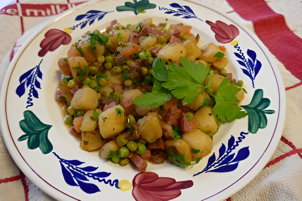Italiaans pannetje met salami , tuinerwtjes en minikrieltjes.....