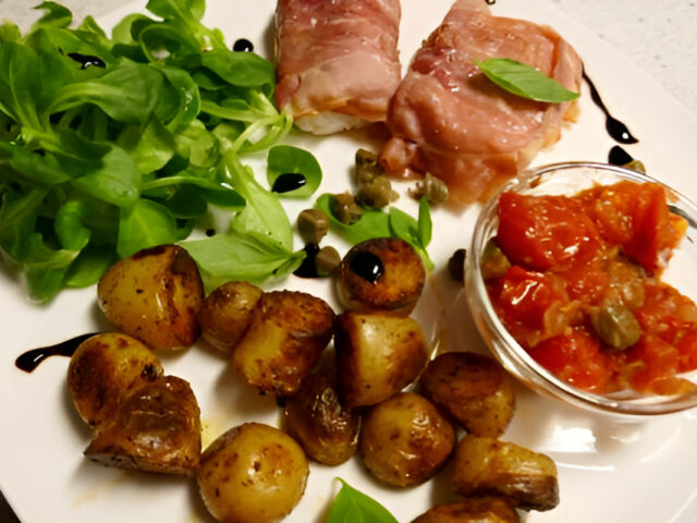 Kabeljauwhaasje met een jasje Coburgerham en een lauwwarme salsa