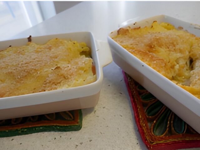 Kabeljauwhaas ovenschotel met koningsoesterzwammen en courgette.